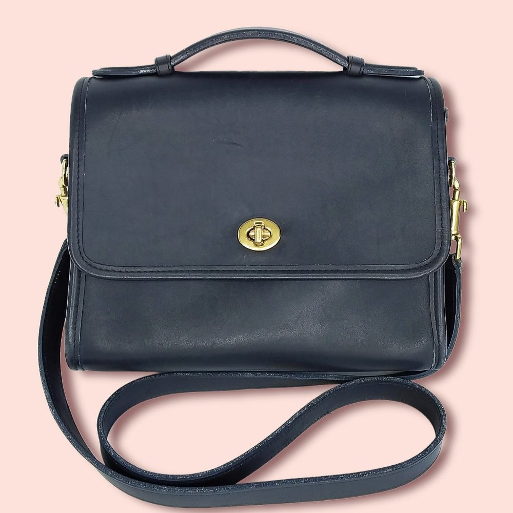 Vintage 90s Coach Court Crossbody Bag Top Handle Dark Blue Leather 9870 Designer